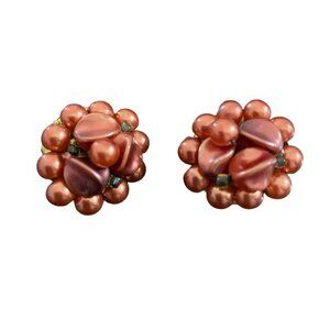 Vintage Gold-Tone Clip-On Earrings With Warm Coral Bronze Faux Pearl